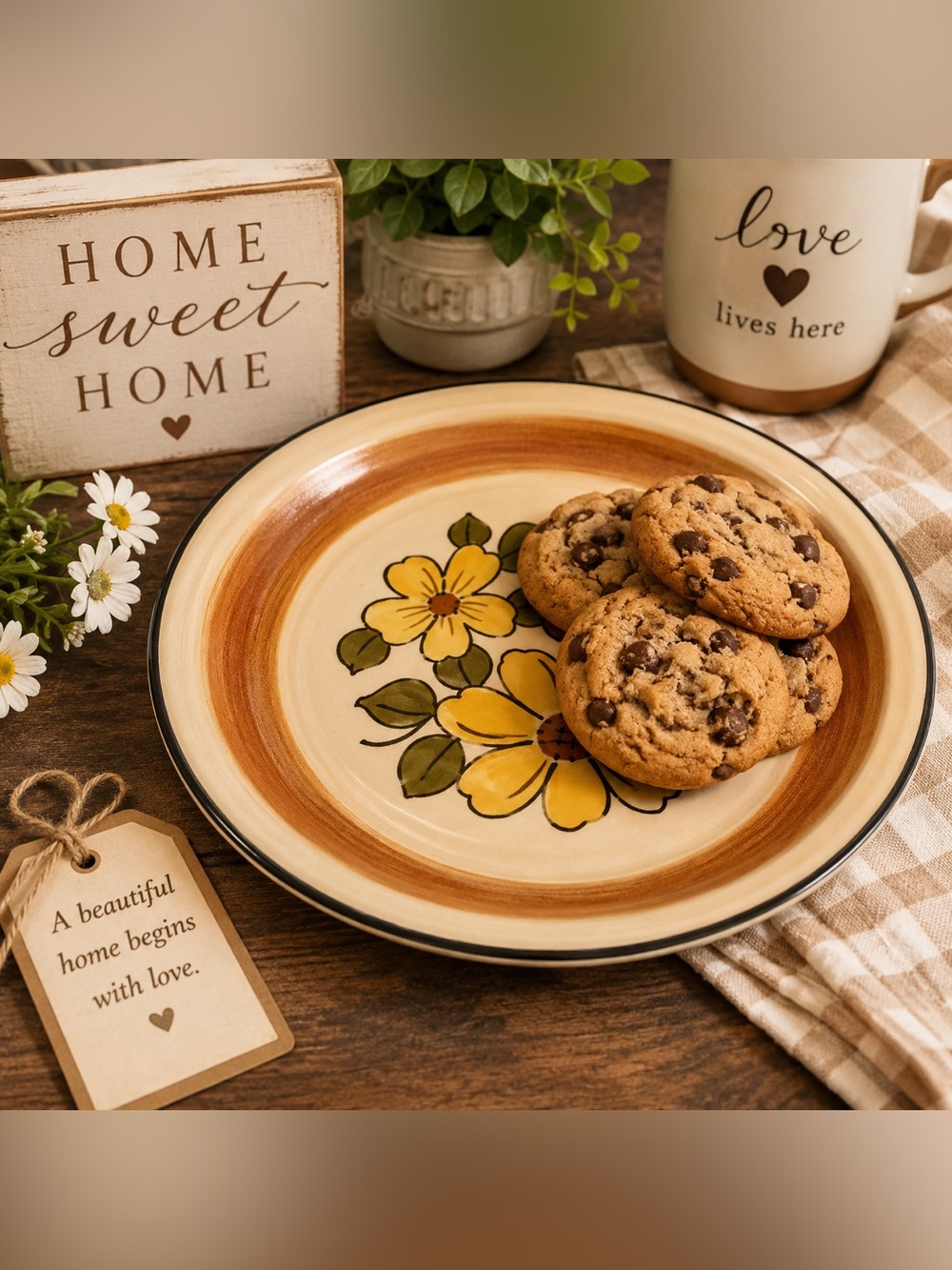 Floral Dinner Plate - Cream and Brown